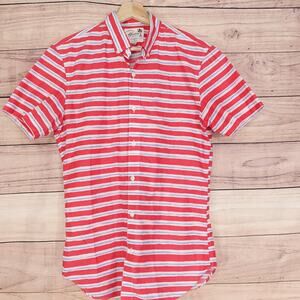 Bonobos Shirt Mens Medium Red Blue Striped Short Sleeve Button Down Tailored Fit